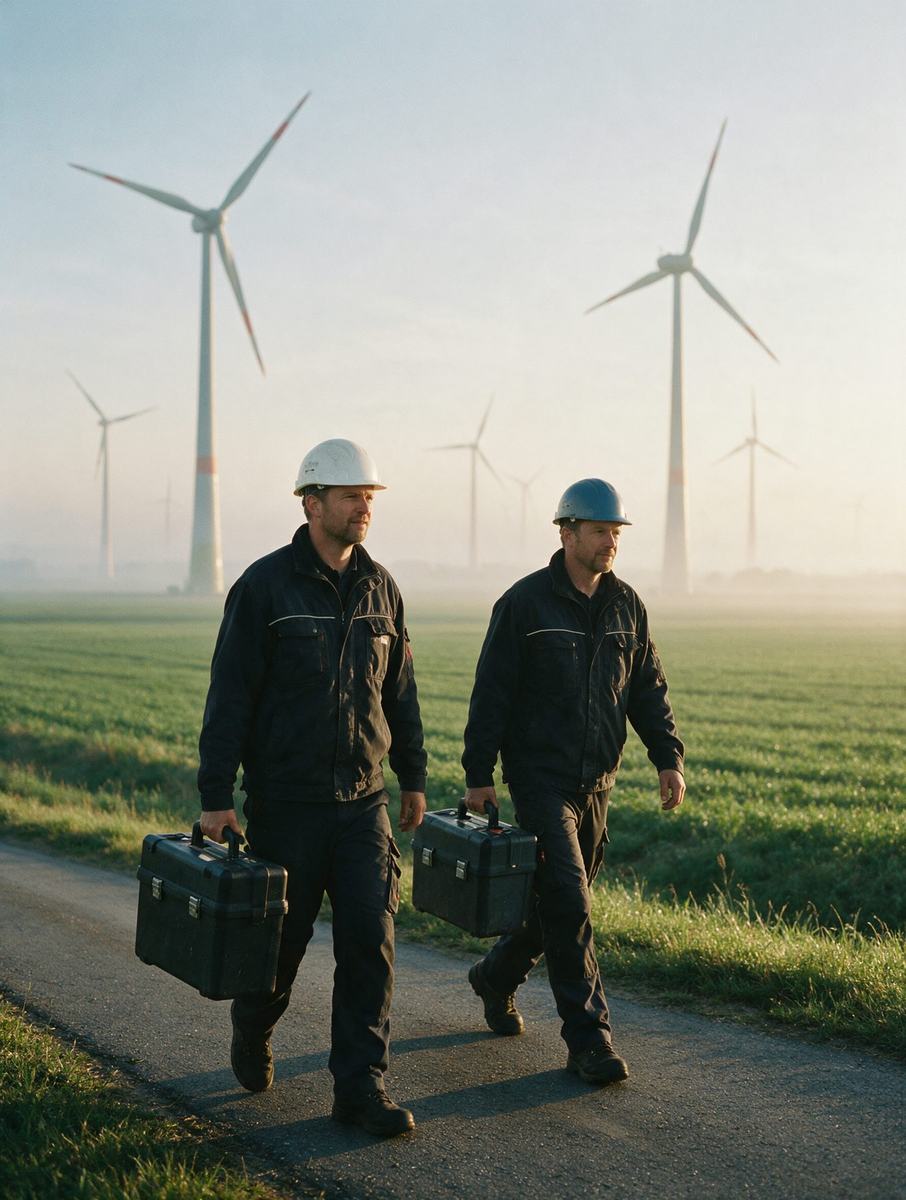 Technici met gereedschapskoffers onderweg naar windturbines