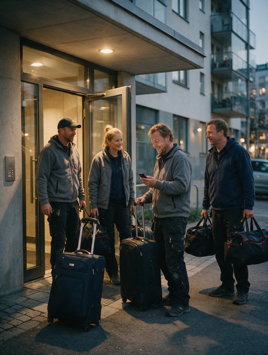 Klein team met koffers komt 's avonds aan bij het appartementencomplex
