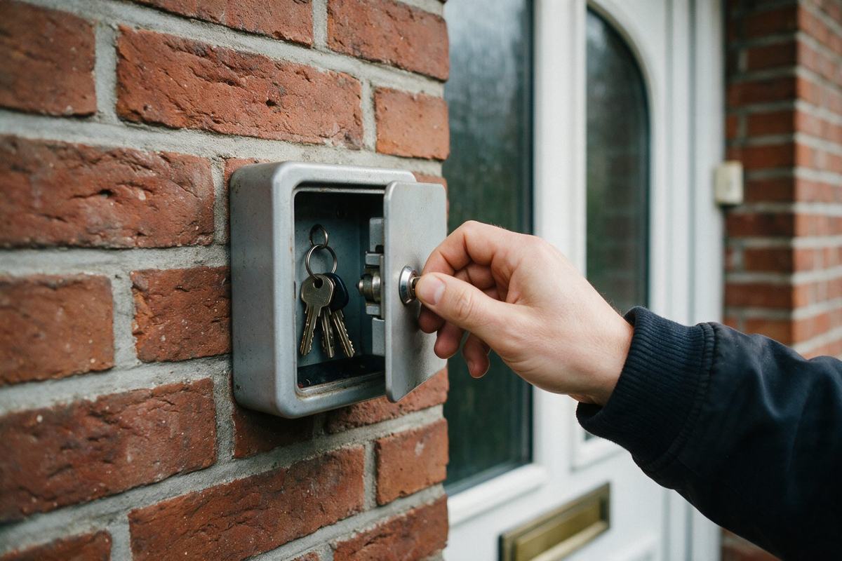 Hand opent een sleutelkluisje aan een bakstenen muur